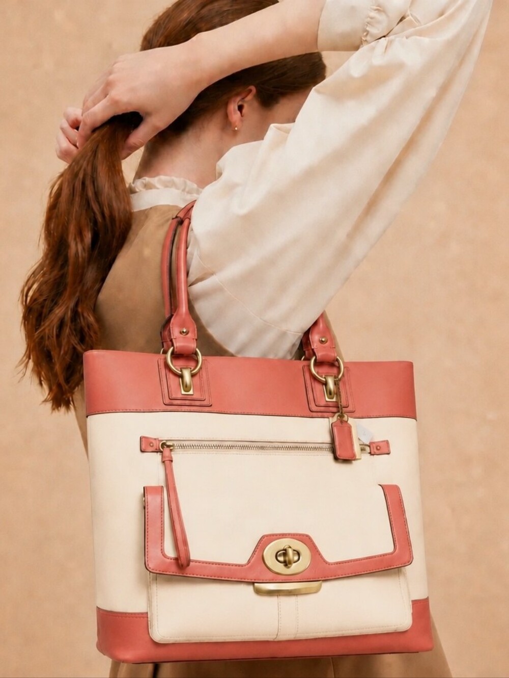 XL COACH Orange/Tan Colorblock Leather Satchel & Wallet/Clutch Set